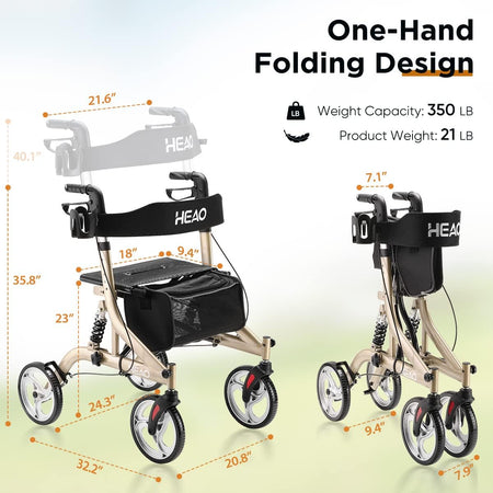 Rollator Walker with Seat & Shock Absorber, 4 x 10" Wheels for Seniors