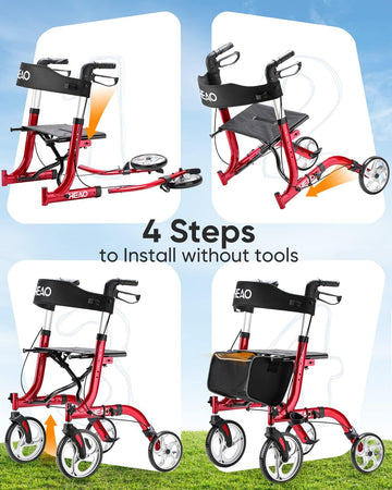 Folding Rollator Walker for Seniors with Cup Holder and 10" Wheels