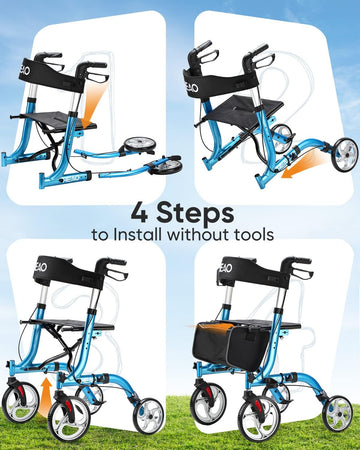 Folding Rollator Walker for Seniors with Cup Holder and 10" Wheels