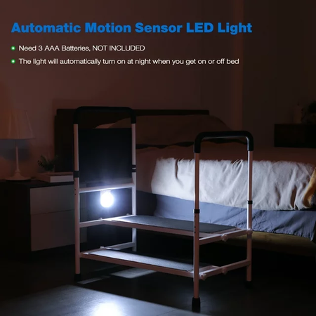 Adjustable Bed Step Stool with LED Sensor Light - Elderly Bed Rails