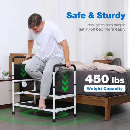 Adjustable Bed Step Stool with LED Sensor Light - Elderly Bed Rails