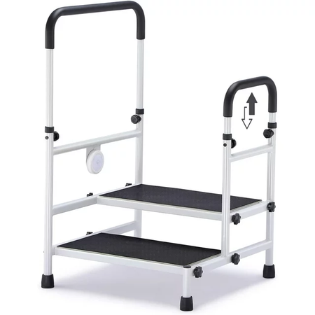 Adjustable Bed Step Stool with Handrail, Non-Slip Pads, LED Light, 350lb Capacity