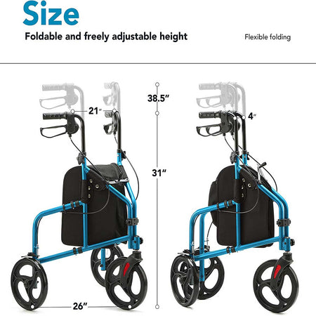 Flexible 3 Wheel Rollator Walker Size